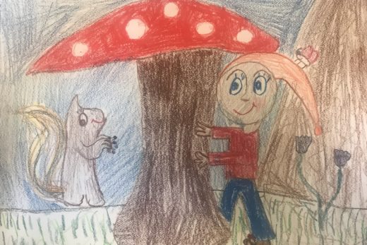 Kinderzeichnung: Fliegenpilz mit Zwerg und Eichhörnchen