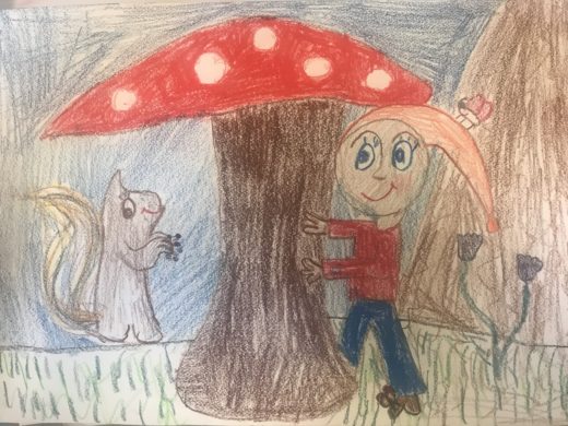 Kinderzeichnung: Fliegenpilz mit Zwerg und Eichhörnchen