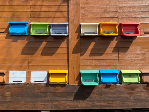 Ein ganz farbiges Bienenhäuschen mit vielen Eingängen